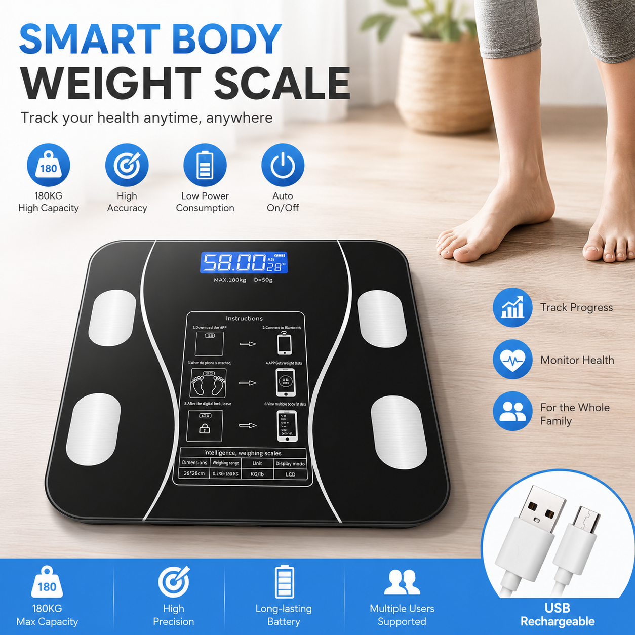 Body Fat Scale Smart - High Precision USB Rechargeable Smart Digital